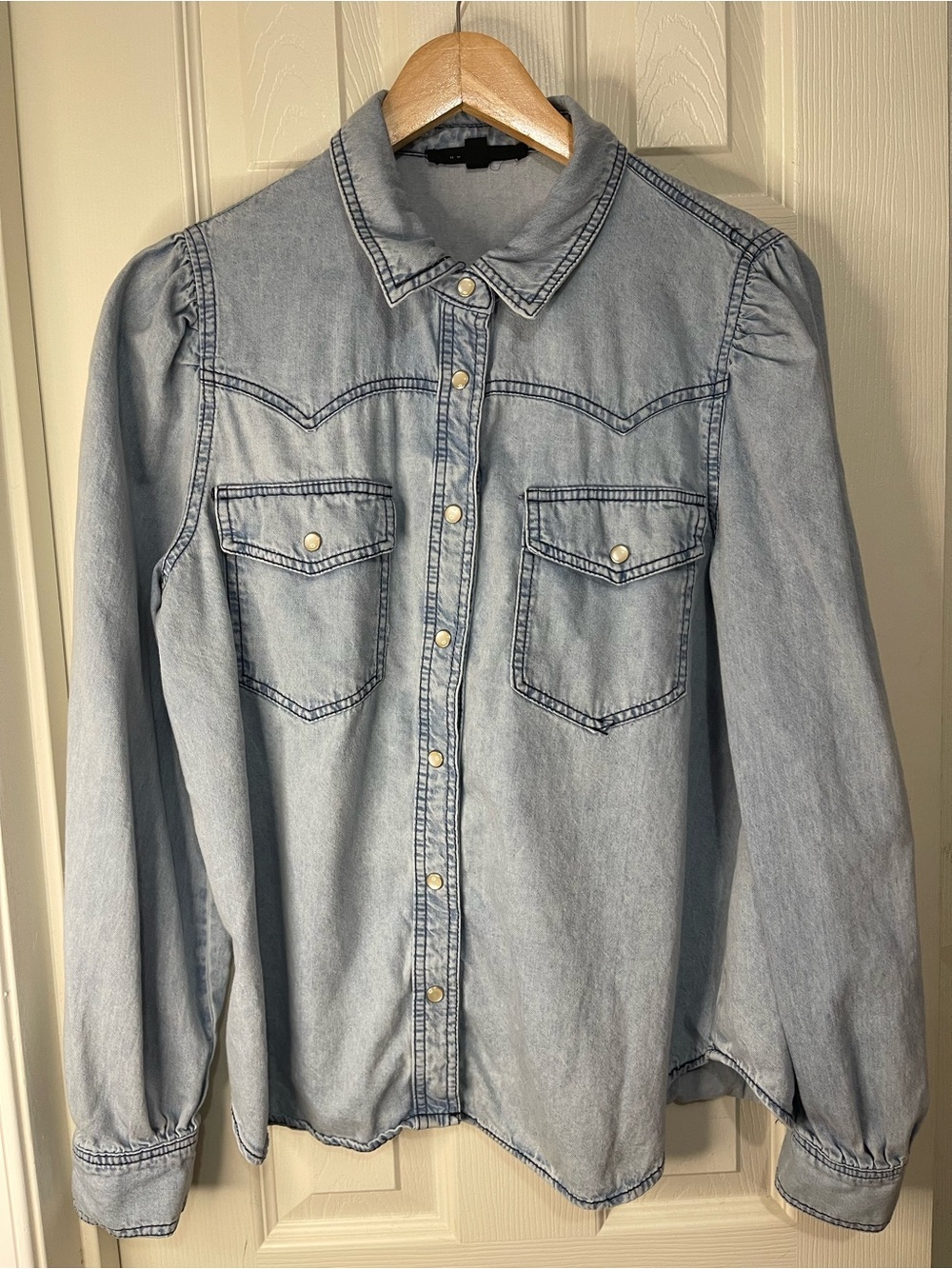 Light Blue Denim Western Snap Button Front Preppy Cow Girl Shirt size Large